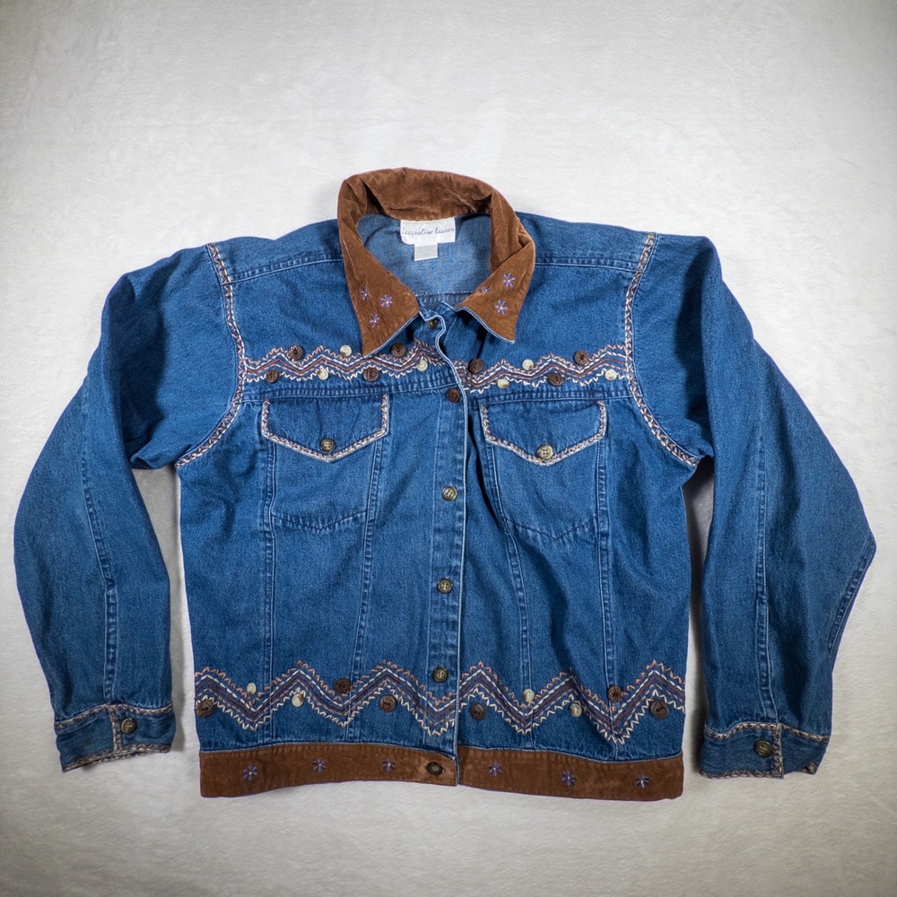 Jacqueline Lauren Women's Medium Denim Jacket Embroidered‎ Brown Suede Trim